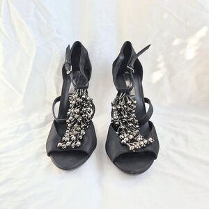 BCBGMaxAzria Black Beaded Open-Toe Ankle-Strap Heels